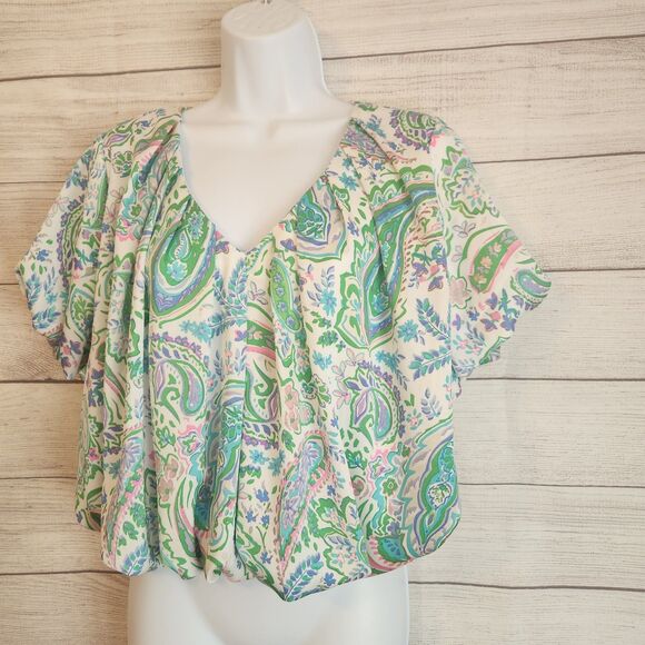 Entro S Green Paisley v-neck puff sleeve crop cottagecore Y2K Fairy Boho top - Picture 3 of 9